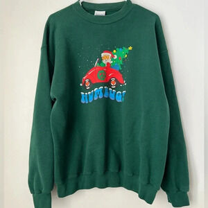 Santee Christmas Santa VW Beetle Car Green Crewneck Sweatshirt